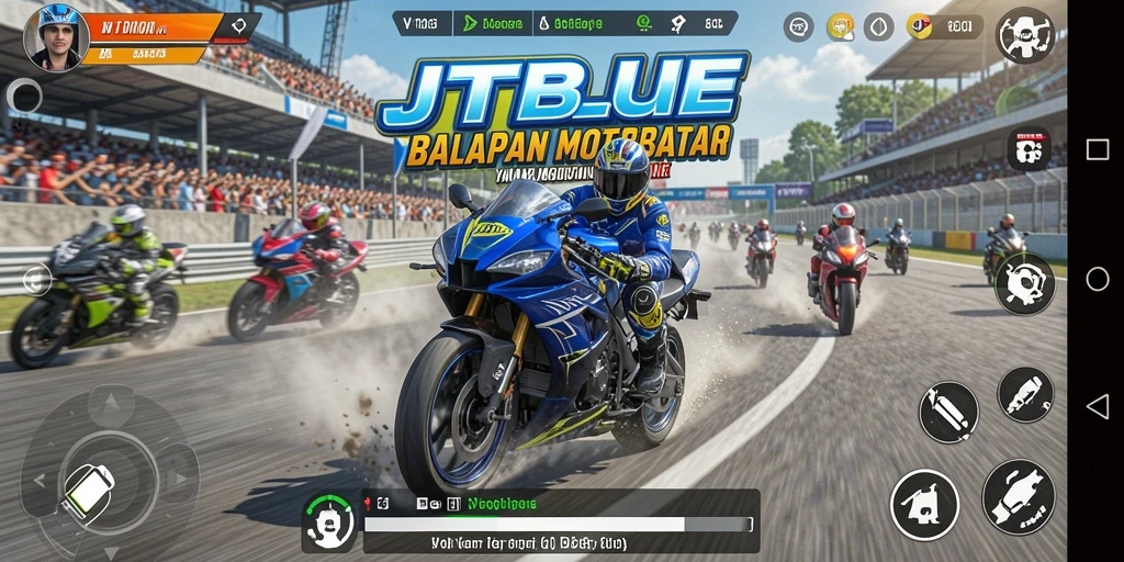 Screenshot gameplay JTBLUE menunjukkan aksi balapan motor yang mendebarkan.