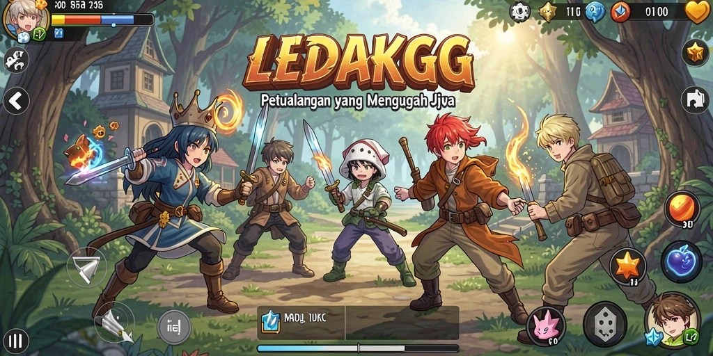 Tangkapan layar utama LEDAKGG menunjukkan aksi pertempuran seru dalam dunia Anime.