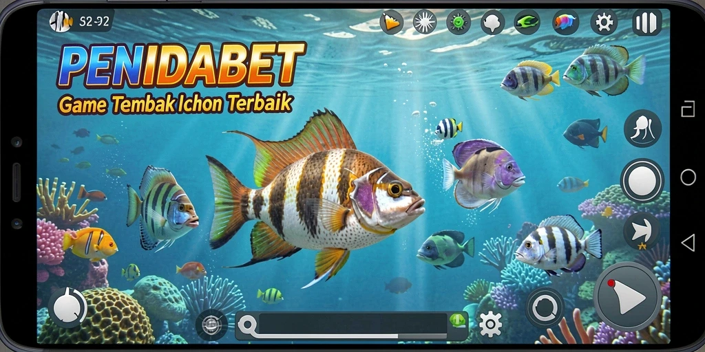 Screenshot gameplay PENIDABET dengan ikan berwarna-warni dan senjata menarik.