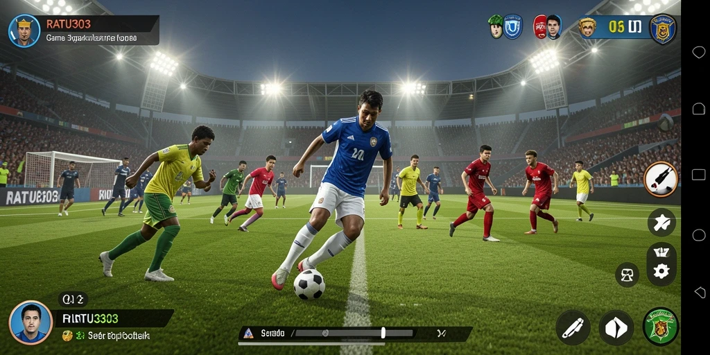 Screenshot utama dari gameplay RATU303 menampilkan momen seru pertandingan sepak bola.