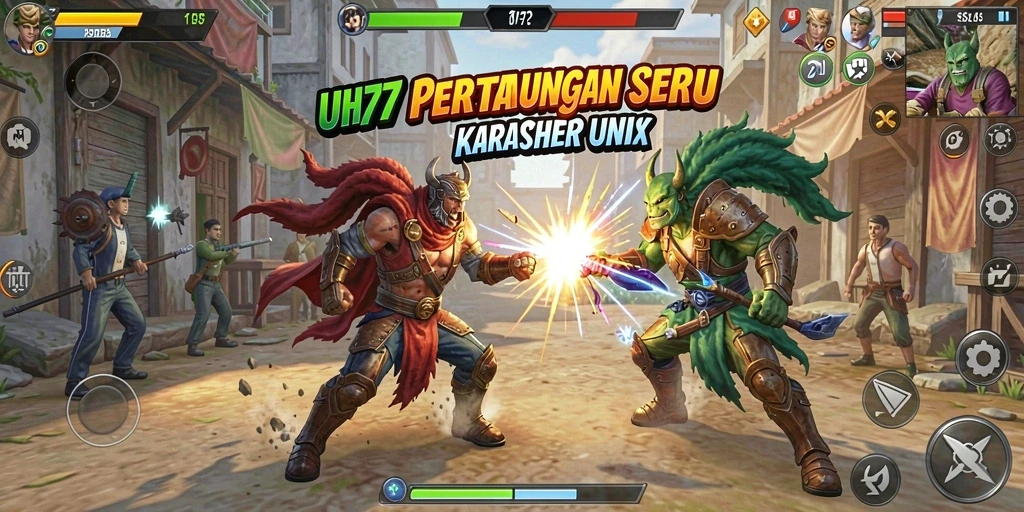 Tampilan gameplay UH77 dengan pertarungan karakter penuh aksi.