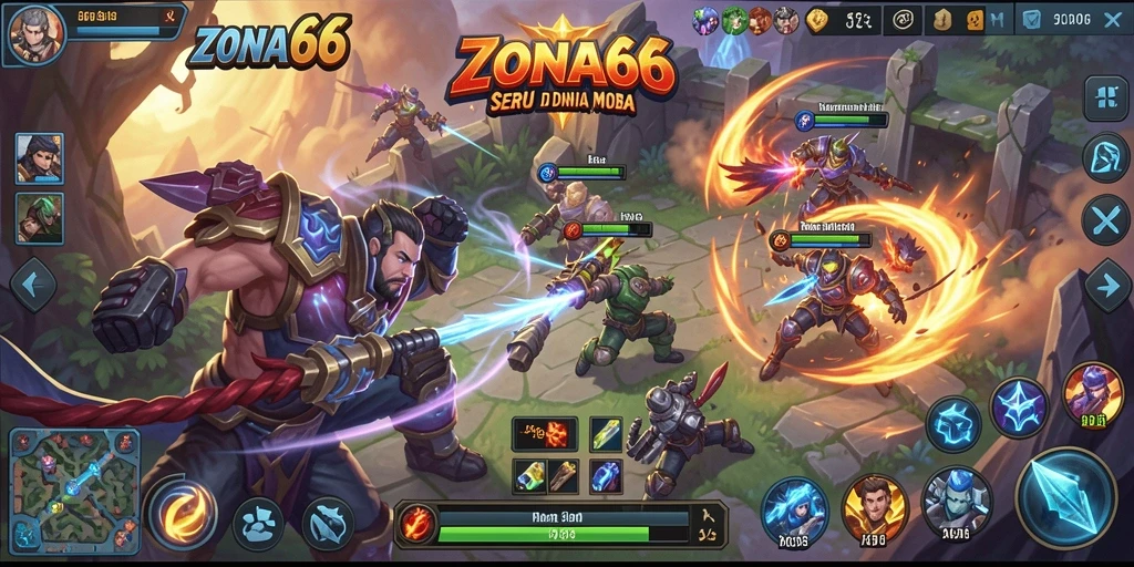 Gameplay ZONA66 yang intens dan menarik di arena pertempuran MOBA.